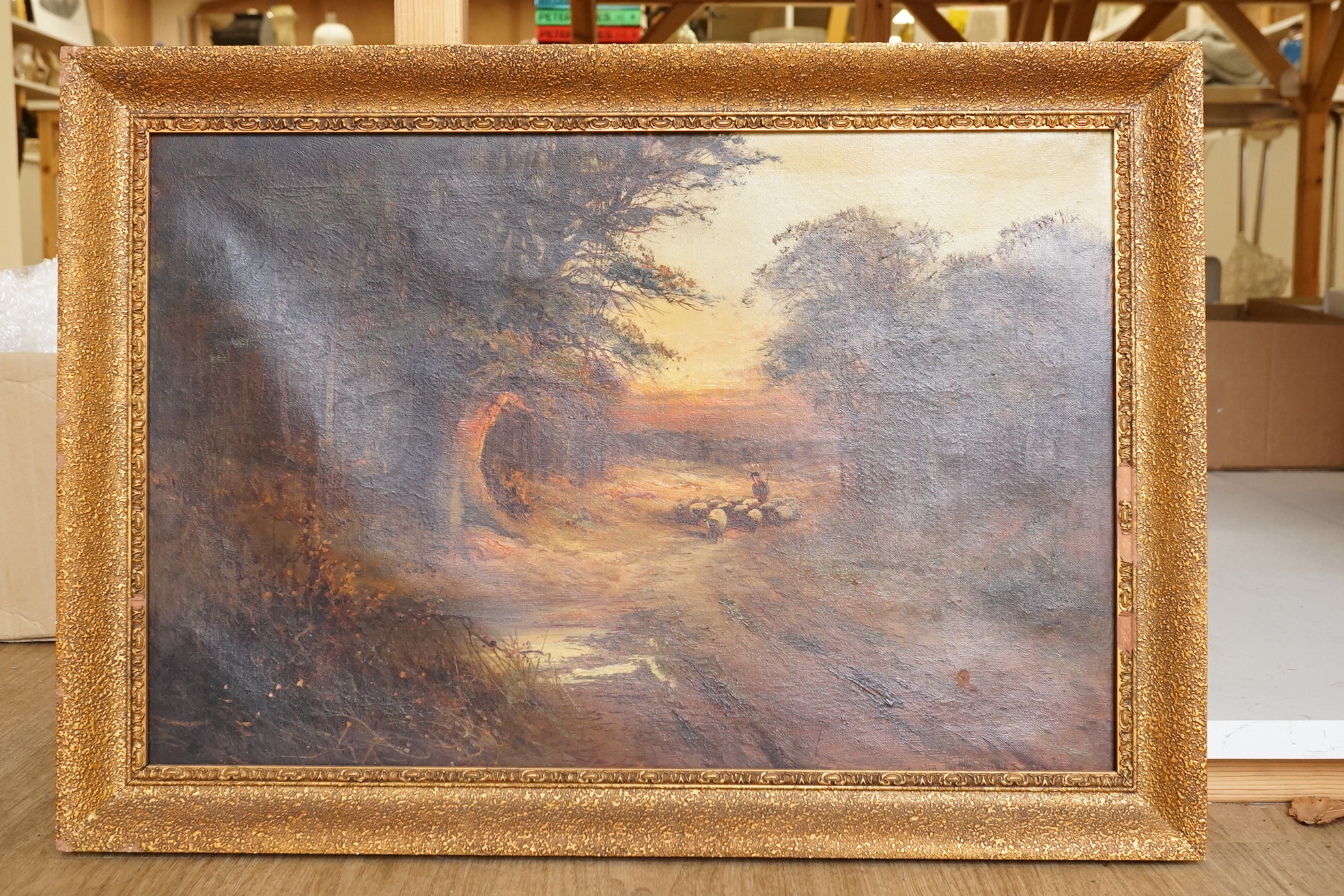 Early 20th century, English School, Shepherd and flock of sheep on a pathway, unsigned, oil on canvas, 39 x 59cm
